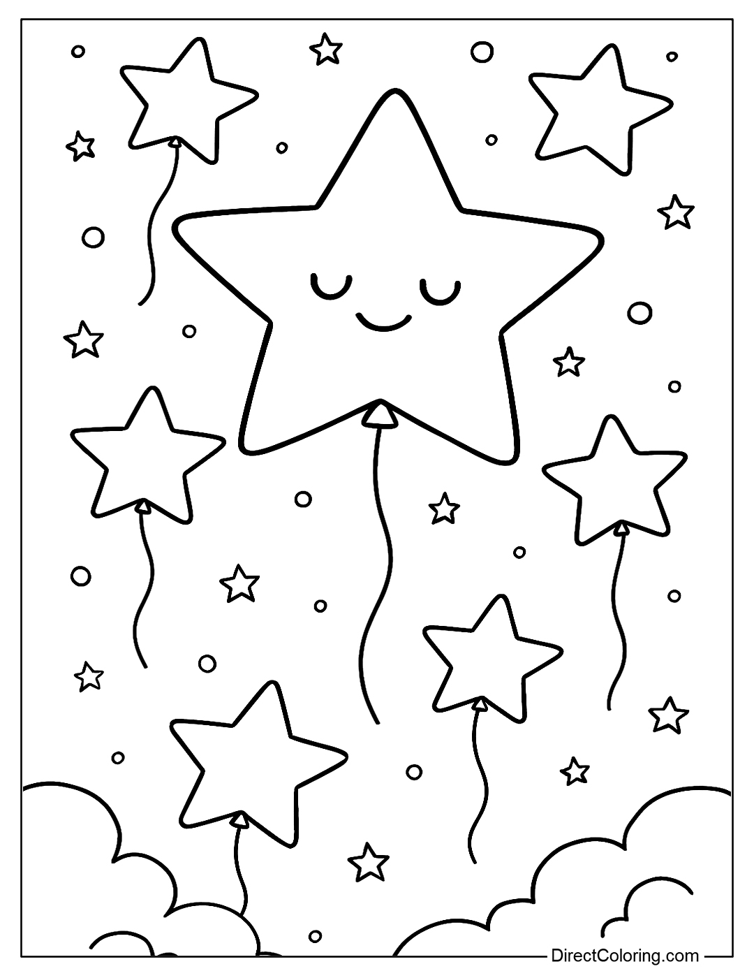 Coloring page of stars tied with strings flying like balloons